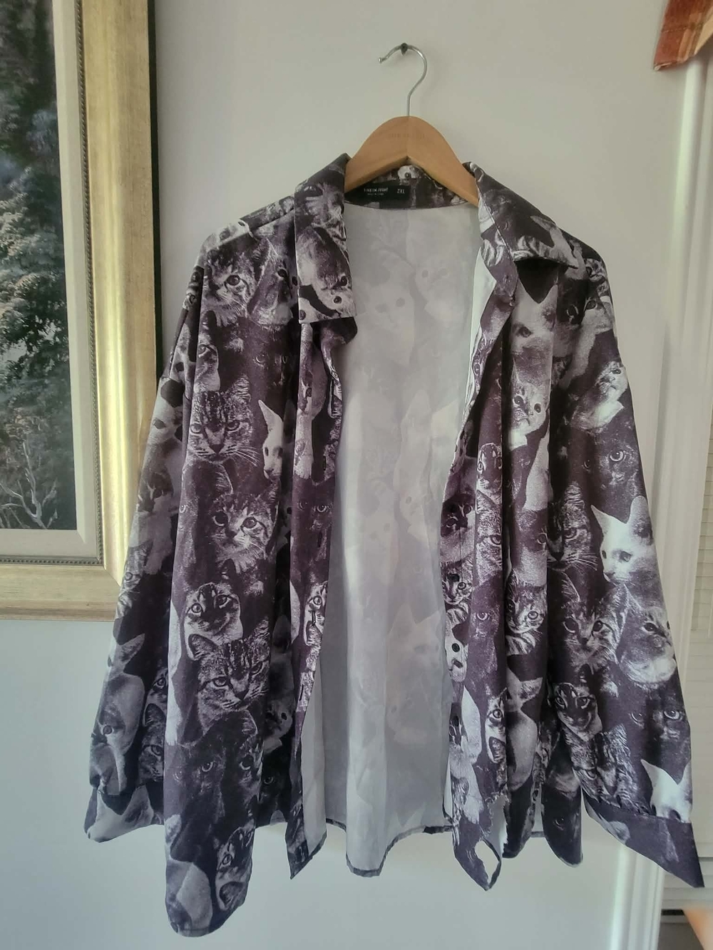 SHEIN Black & Gray Cat-Print Women's Button-Up Blouse